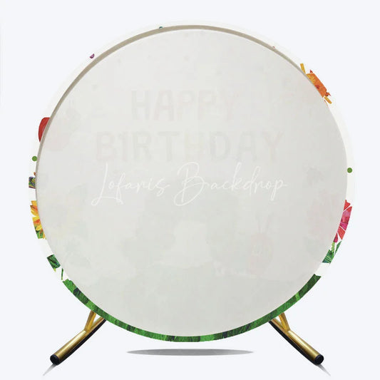 Lofaris Whimsical Green Caterpillar and Colorful Happy Birthday Round Backdrop Storybook Apple Sunflower Ladybug Party Decor