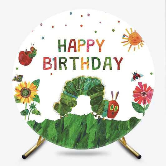Lofaris Whimsical Green Caterpillar and Colorful Happy Birthday Round Backdrop Storybook Apple Sunflower Ladybug Party Decor