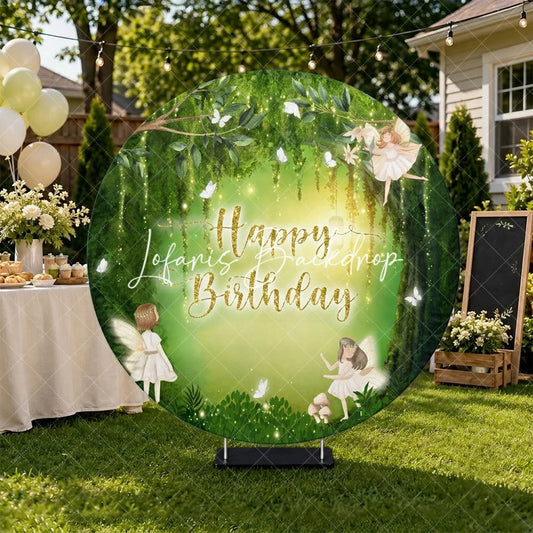 Lofaris Whimsical Green Enchanted Forest Fairy Happy Birthday Round Backdrop with Glowing Lights Magical Party Decor