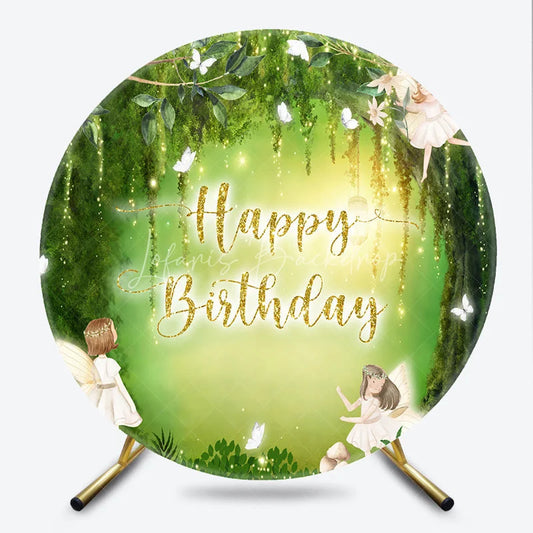 Lofaris Whimsical Green Enchanted Forest Fairy Happy Birthday Round Backdrop with Glowing Lights Magical Party Decor