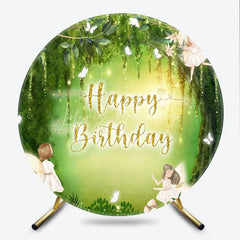 Lofaris Whimsical Green Enchanted Forest Fairy Happy Birthday Round Backdrop with Glowing Lights Magical Party Decor
