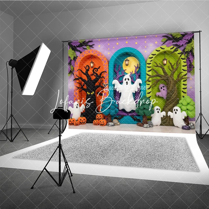 Lofaris Whimsical Halloween Ghosts and Pumpkins Photography Backdrop Spooky Trees Arched Doorways Purple Starry Background