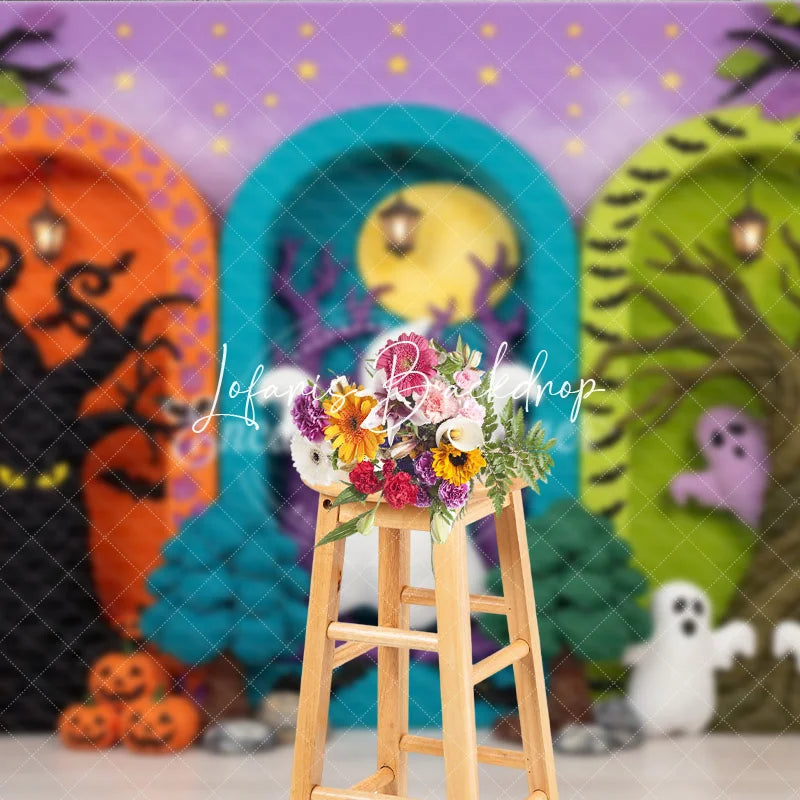 Lofaris Whimsical Halloween Ghosts and Pumpkins Photography Backdrop Spooky Trees Arched Doorways Purple Starry Background