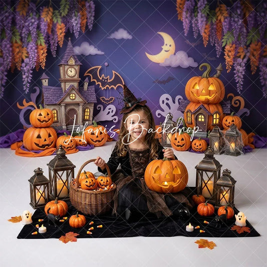 Lofaris Whimsical Halloween Haunted House and Pumpkin Combo Set Backdrop Spooky Moon Bat Ghost Party Decor