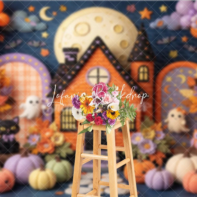 Lofaris Whimsical Halloween Haunted House Photography Backdrop Cute Ghosts and Pumpkins with Autumn Leaves for Kids Party Decor