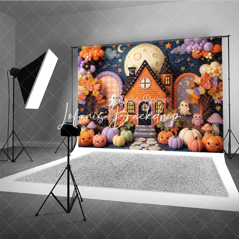 Lofaris Whimsical Halloween Haunted House Photography Backdrop Cute Ghosts and Pumpkins with Autumn Leaves for Kids Party Decor