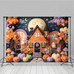 Lofaris Whimsical Halloween Haunted House Photography Backdrop Cute Ghosts and Pumpkins with Autumn Leaves for Kids Party Decor