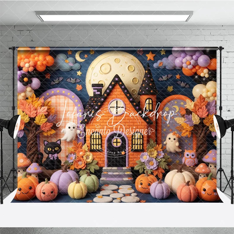 Lofaris Whimsical Halloween Haunted House Photography Backdrop Cute Ghosts and Pumpkins with Autumn Leaves for Kids Party Decor