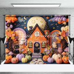 Lofaris Whimsical Halloween Haunted House Photography Backdrop Cute Ghosts and Pumpkins with Autumn Leaves for Kids Party Decor