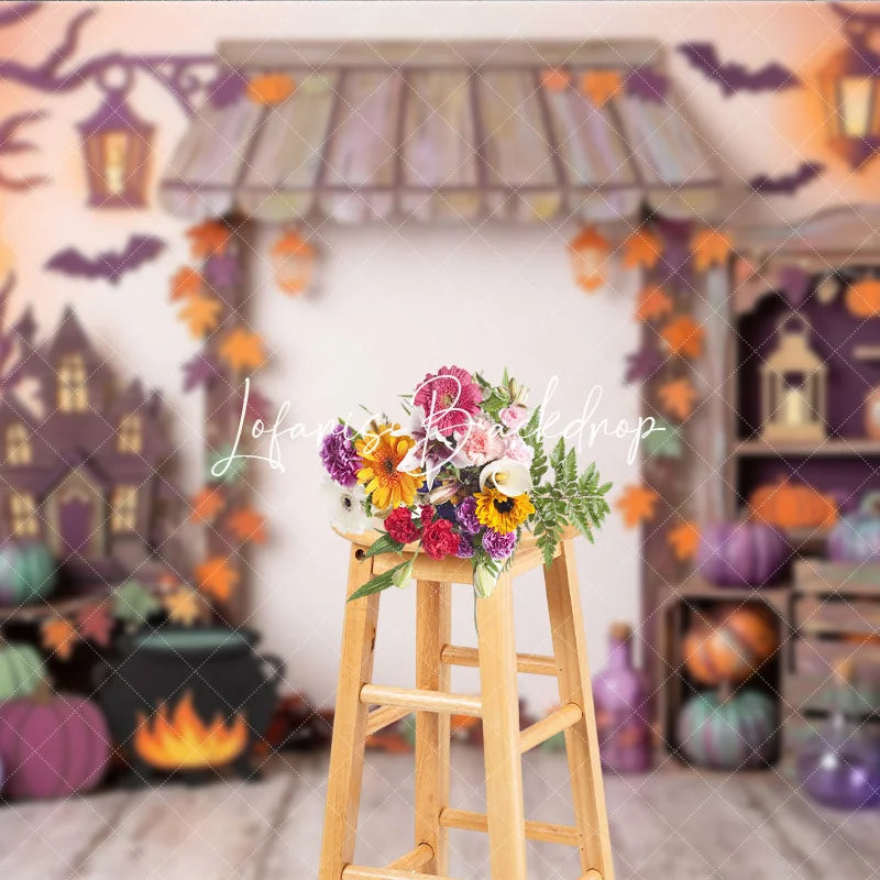 Lofaris Whimsical Halloween Haunted House Photography Backdrop with Pumpkins and Autumn Leaves Spooky Fall Party Decor