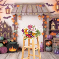 Lofaris Whimsical Halloween Haunted House Photography Backdrop with Pumpkins and Autumn Leaves Spooky Fall Party Decor