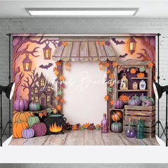 Lofaris Whimsical Halloween Haunted House Photography Backdrop with Pumpkins and Autumn Leaves Spooky Fall Party Decor