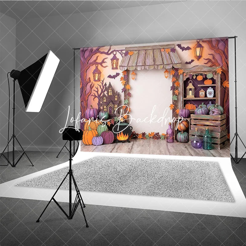 Lofaris Whimsical Halloween Haunted House Photography Backdrop with Pumpkins and Autumn Leaves Spooky Fall Party Decor