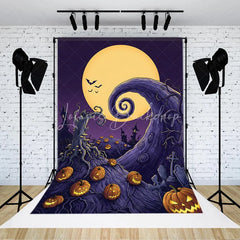 Lofaris Whimsical Halloween Night Holiday Backdrop with Full Moon Glowing Jack-o’-Lanterns and Twisted Trees