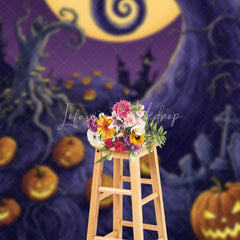 Lofaris Whimsical Halloween Night Holiday Backdrop with Full Moon Glowing Jack-o’-Lanterns and Twisted Trees