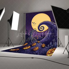 Lofaris Whimsical Halloween Night Holiday Backdrop with Full Moon Glowing Jack-o’-Lanterns and Twisted Trees