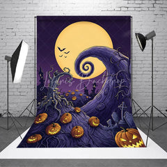 Lofaris Whimsical Halloween Night Holiday Backdrop with Full Moon Glowing Jack-o’-Lanterns and Twisted Trees