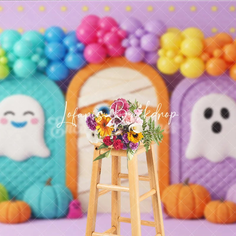 Lofaris Whimsical Halloween Photography Backdrop featuring Cute Ghosts Mummy Pumpkins and Balloon Arch for Kids Party Decor