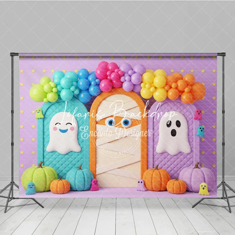 Lofaris Whimsical Halloween Photography Backdrop featuring Cute Ghosts Mummy Pumpkins and Balloon Arch for Kids Party Decor
