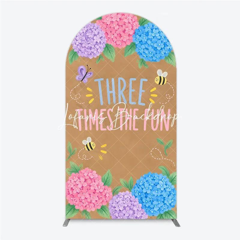 Lofaris Whimsical Hydrangea Butterfly Bee Three Times the Fun Round Top Arch Backdrop Pink Purple Blue Birthday Party Decor