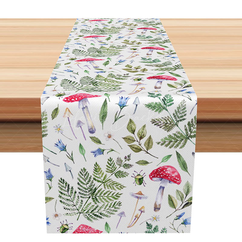 Lofaris Whimsical Mushroom and Leaves Table Runner Cute Boho Woodland Kitchen Decor Enchanted Forest Themed Party