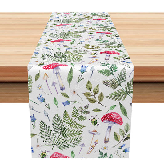 Lofaris Whimsical Mushroom and Leaves Table Runner Cute Boho Woodland Kitchen Decor Enchanted Forest Themed Party