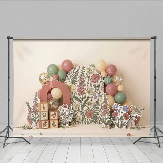 Lofaris Whimsical Muted Floral Photography Backdrop Botanical Garden Arch with Pastel Balloons for Baby Shower