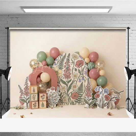Lofaris Whimsical Muted Floral Photography Backdrop Botanical Garden Arch with Pastel Balloons for Baby Shower