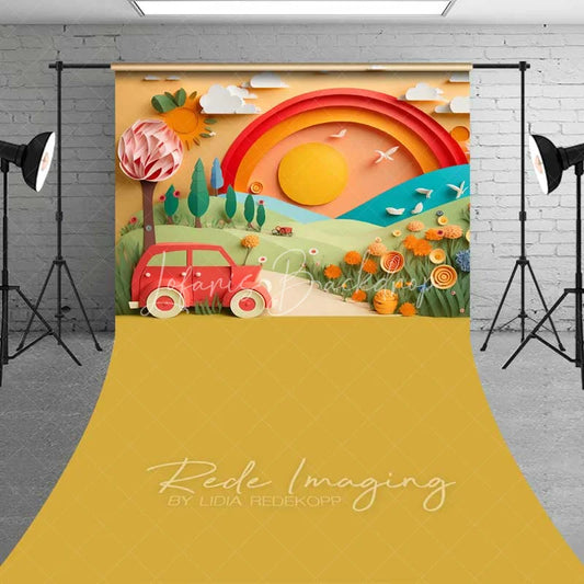 Lofaris Whimsical Paper Cut Art Rainbow Vintage Car Backdrop Sunny Landscape for Birthday Cake Smash Baby Shower