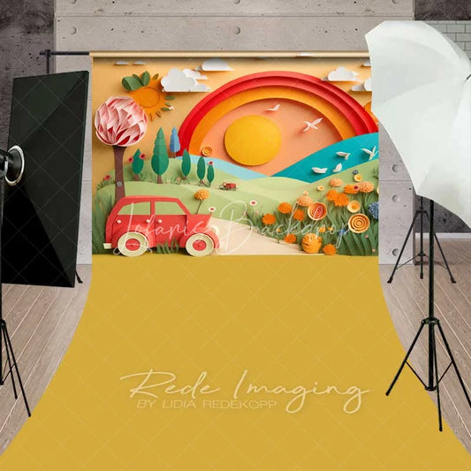 Lofaris Whimsical Paper Cut Art Rainbow Vintage Car Backdrop Sunny Landscape for Birthday Cake Smash Baby Shower