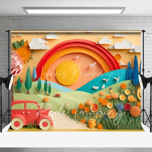 Lofaris Whimsical Paper Cut Out Landscape Backdrop Rainbow Sun Red Car Colorful Flowers Birthday Cake Smash Photography