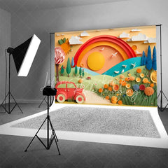 Lofaris Whimsical Paper Cut Out Landscape Backdrop Rainbow Sun Red Car Colorful Flowers Birthday Cake Smash Photography