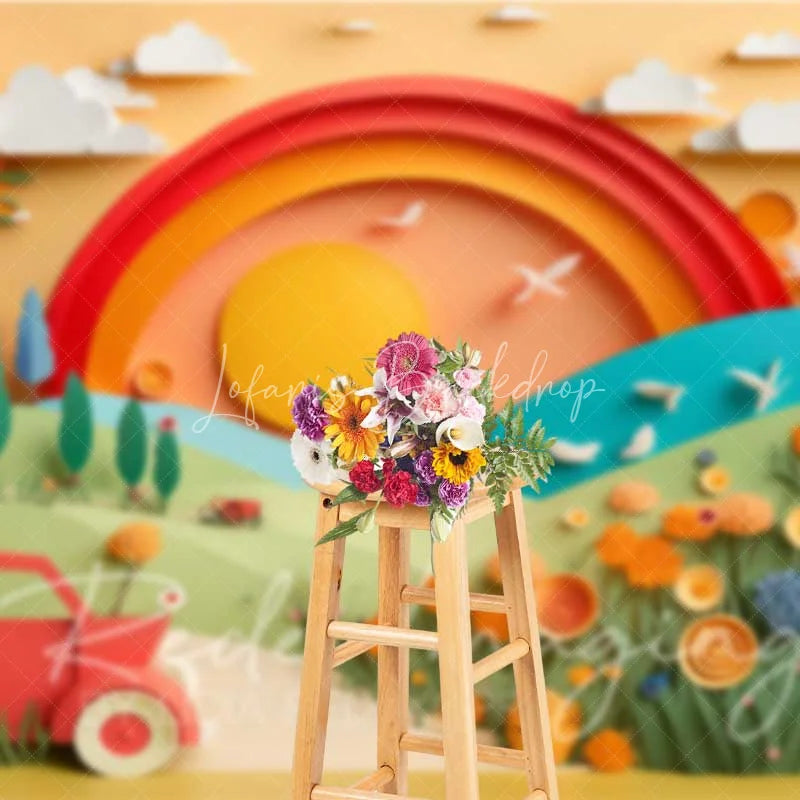 Lofaris Whimsical Paper Cut Out Landscape Backdrop Rainbow Sun Red Car Colorful Flowers Birthday Cake Smash Photography