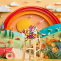 Lofaris Whimsical Paper Cut Out Landscape Backdrop Rainbow Sun Red Car Colorful Flowers Birthday Cake Smash Photography