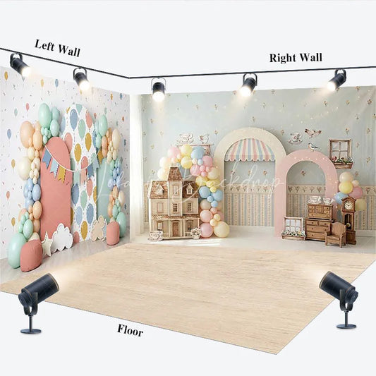 Lofaris Whimsical Pastel Balloon Garland Room Set Backdrop Dollhouse Tea Party Theme for Baby Shower Birthday