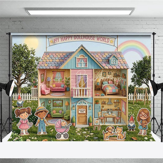 Lofaris Whimsical Pastel Dollhouse World Photography Backdrop Happy Cartoon Characters and a Rainbow Garden for Kids