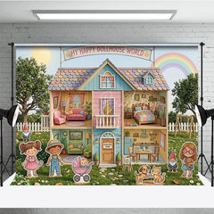 Lofaris Whimsical Pastel Dollhouse World Photography Backdrop Happy Cartoon Characters and a Rainbow Garden for Kids