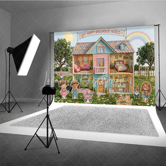 Lofaris Whimsical Pastel Dollhouse World Photography Backdrop Happy Cartoon Characters and a Rainbow Garden for Kids