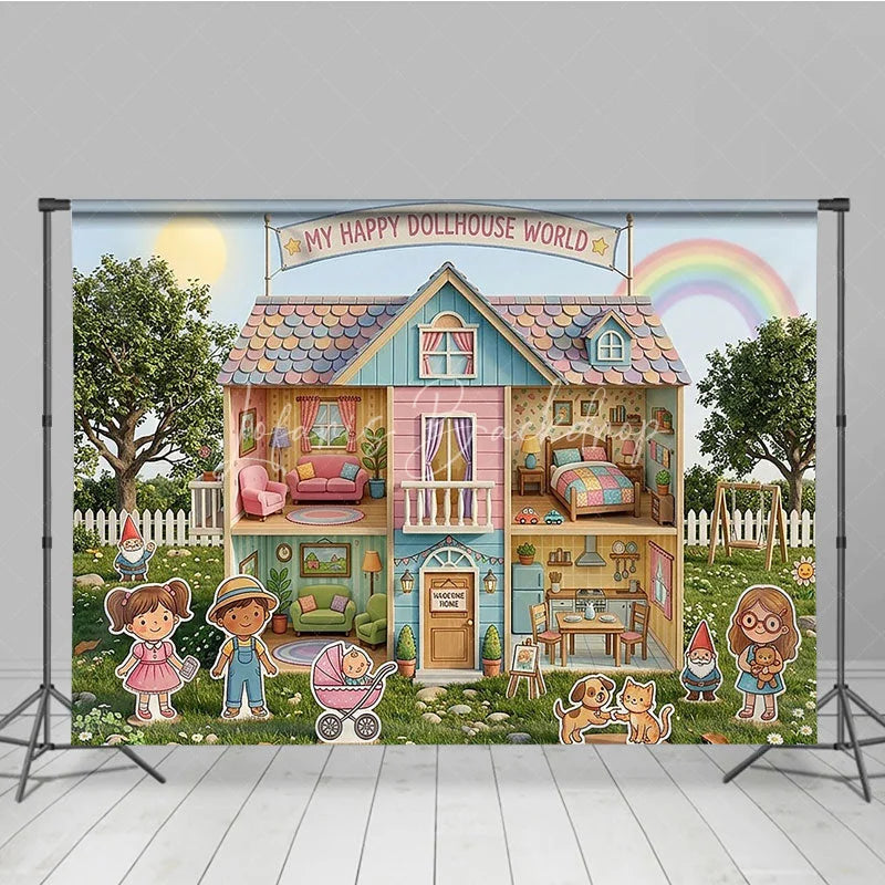 Lofaris Whimsical Pastel Dollhouse World Photography Backdrop Happy Cartoon Characters and a Rainbow Garden for Kids