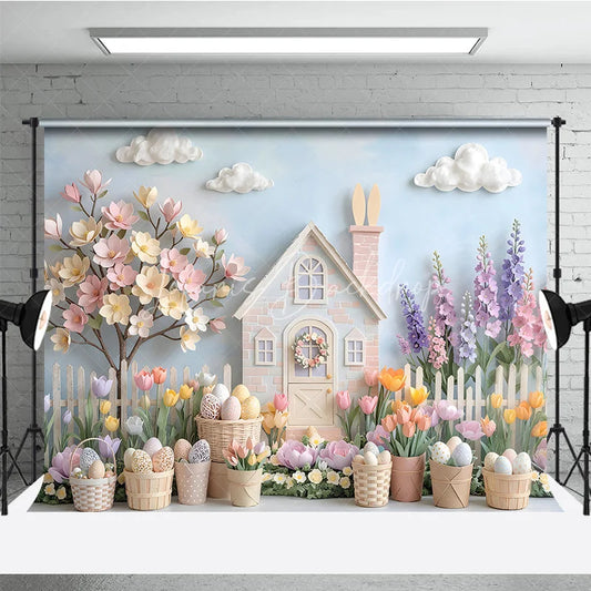 Lofaris Whimsical Pastel Easter House with Bunny Spring Flowers Photography Backdrop Dreamy Garden Scene for Celebrations