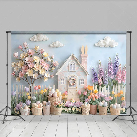 Lofaris Whimsical Pastel Easter House with Bunny Spring Flowers Photography Backdrop Dreamy Garden Scene for Celebrations