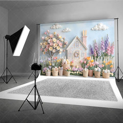 Lofaris Whimsical Pastel Easter House with Bunny Spring Flowers Photography Backdrop Dreamy Garden Scene for Celebrations