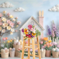 Lofaris Whimsical Pastel Easter House with Bunny Spring Flowers Photography Backdrop Dreamy Garden Scene for Celebrations