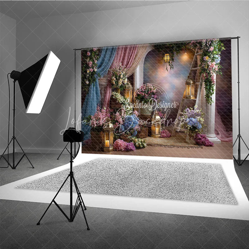 Lofaris Whimsical Pastel Floral Archway Photography Backdrop Elegant Drapes and Golden Lanterns for Studio Portraits
