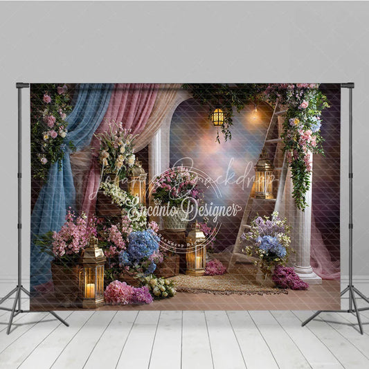 Lofaris Whimsical Pastel Floral Archway Photography Backdrop Elegant Drapes and Golden Lanterns for Studio Portraits