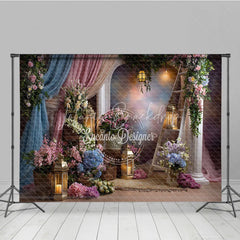 Lofaris Whimsical Pastel Floral Archway Photography Backdrop Elegant Drapes and Golden Lanterns for Studio Portraits