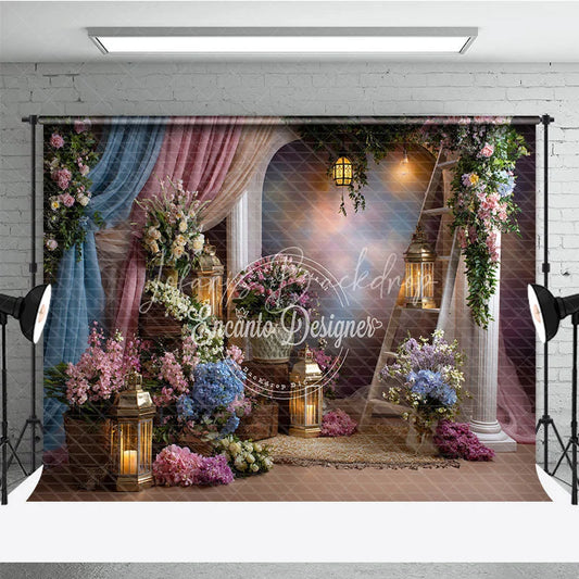 Lofaris Whimsical Pastel Floral Archway Photography Backdrop Elegant Drapes and Golden Lanterns for Studio Portraits