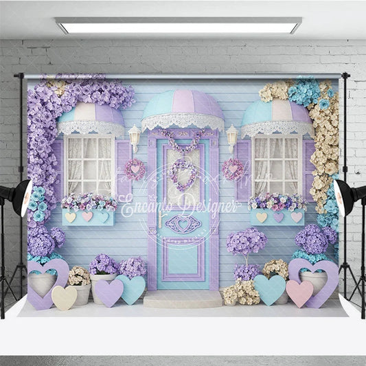 Lofaris Whimsical Pastel Floral House Photography Backdrop with Lavender and Blue Hearts Charming Door Window Decor