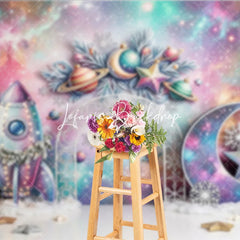 Lofaris Whimsical Pastel Galaxy Space Christmas Photography Backdrop Rocket Moon Star Snowflake Holiday Celebration