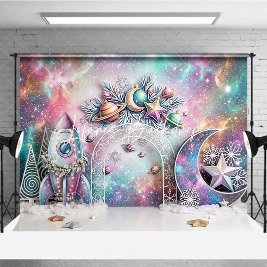 Lofaris Whimsical Pastel Galaxy Space Christmas Photography Backdrop Rocket Moon Star Snowflake Holiday Celebration